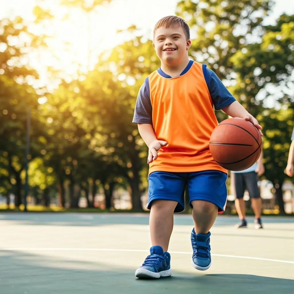 Coach guiding a child through an adaptive basketball activity in Orange County 