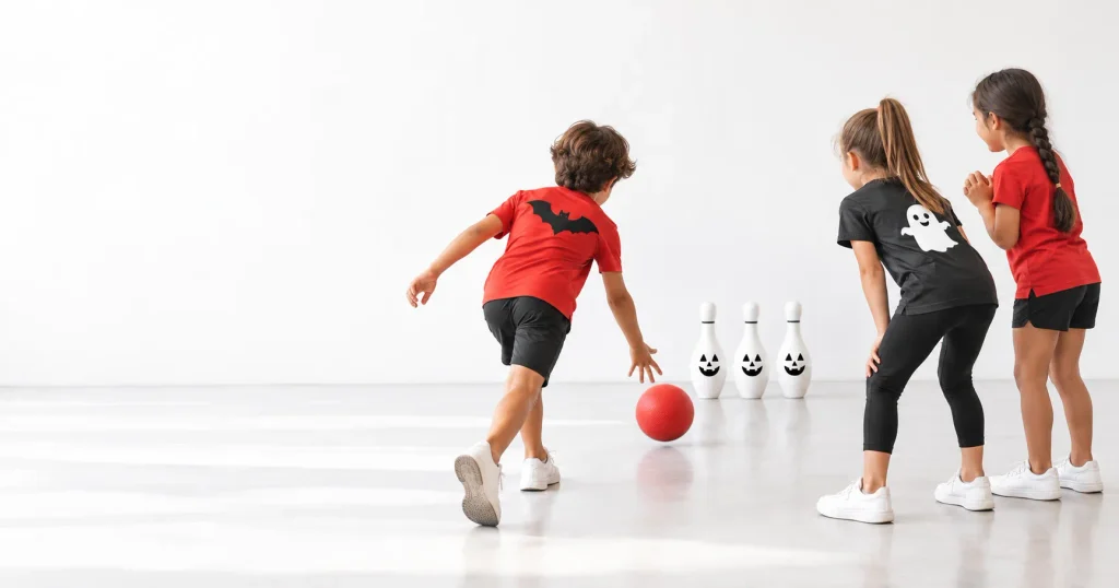 kids halloween pumpkin bowling